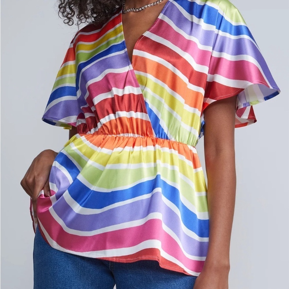 NWT New York & Co Striped Satin-Feel Multi Color Blouse Size M